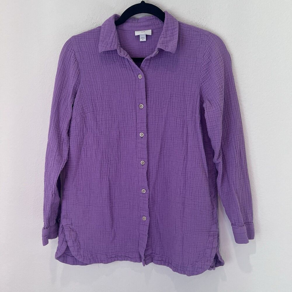 J. Jill Women's 100% Cotton Textured Button Up Blouse Purple XS Beach Gauzy